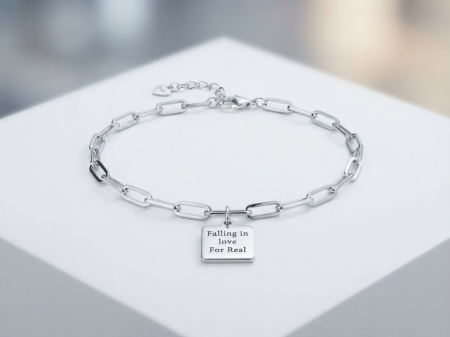 OUTLET - Brățară din Argint 925 „Romantic Paperclip” cu Plăcuță Gravată „Falling in love For Real”
