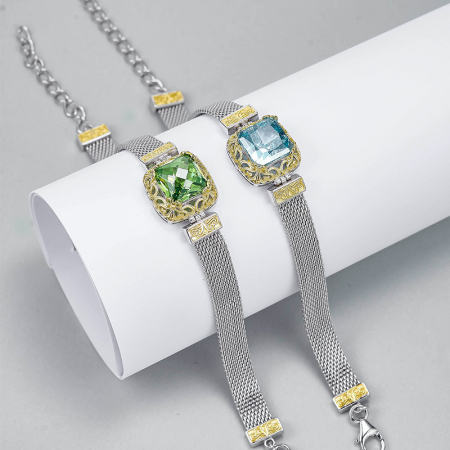 Bratara argint 925 dama - Brățară din Argint 925 Tip Plasă cu Cristal Verde Peridot și Detalii Filigranate Aurii
