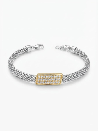 Bratara argint 925 dama - Brățară din Argint 925 Tip Plasă (Mesh) cu Plăcuță Centrală Placată cu Aur și Zirconii, 17+3 cm, 7.70g