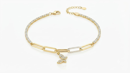 bratari aur 14k - Brățară din Aur 14K Hibrid Tennis și Paperclip – Pandantiv Fluturaș Pavat cu Zirconiu