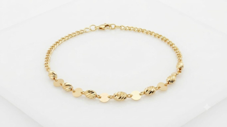bratari aur 14k - Brățară din Aur Galben 14K cu Bile Striate și Plăcuțe Lucioase – Rafinament Modern