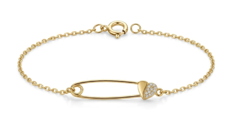 bratari aur 14k - Brățară din Aur Galben 14K cu Design Ac de Siguranță, Inimă și Pavaj de Zirconiu