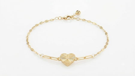 bratari aur 14k - Brățară din Aur Galben 14K cu Inimă Sunburst și Lanț din Bănuți – Eleganță și Strălucire Radianta