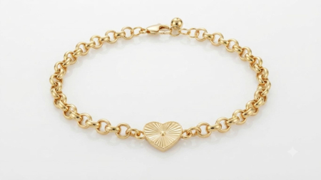 bratari aur 14k - Brățară din Aur Galben 14K cu Lanț Rolo și Inimă Texturată Sunburst – Eleganță și Strălucire Radianta