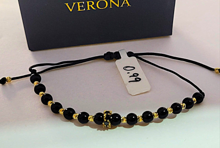 Bijuterii barbati - Brățară din Aur Galben 14K cu Onix Negru și Cruce cu Cristale Negre
