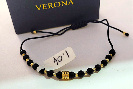 Bijuterii barbati - Brățară din Aur Galben 14K cu Onix Negru și Element Cilindric Geometric