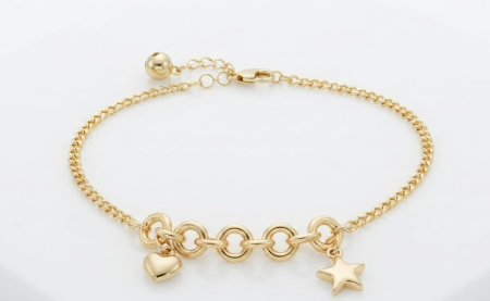 bratari aur 14k - Brățară din Aur Galben 14K cu Pandantive Inimă și Stea – 3.25g, Lungime Ajustabilă 17+3 cm