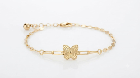 bratari aur 14k - Brățară din Aur Galben 14K cu Trifoi Sunburst și Lanț din Bănuți – Eleganță și Strălucire Radianta