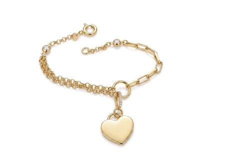 bratari aur 14k - Brățară din Aur Galben 14K – Design Asimetric cu Inimă, Lanț Dublu și Zirconiu,