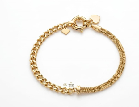 bratari aur 14k - Brățară din Aur Galben 14K – Design Asimetric cu Zale și Lanț Multifir