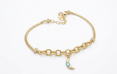 bratari aur 14k - Brățară din Aur Galben 14K – Design Hibrid cu Semilună, Email și Inserții Pavate,