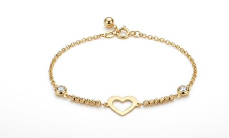 bratari aur 14k - Brățară din Aur Galben 14K – Inimă Centrală Decupată, Bile Diamantate și Zirconiu