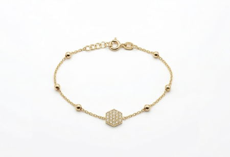 bratari aur 14k - Brățară din Aur Galben 14K – Medalion Hexagonal și Bile Lucioase
