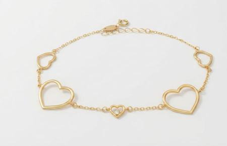 bratari aur 14k - Brățară din Aur Galben 14K – Multi-Inimi și Cristal Central (17 cm + 2 cm, 1.61g)