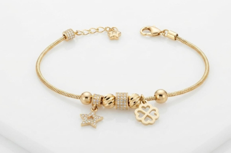 bratari aur 14k - Brățară din Aur Galben 14K Stil Charm – Lanț Șarpe, Trifoi cu Patru Foi și Steluță Strălucitoare