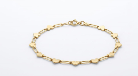 bratari aur 14k - Brățară din Aur Galben 14K – Stil Paperclip cu Inimi Pline Intercalate