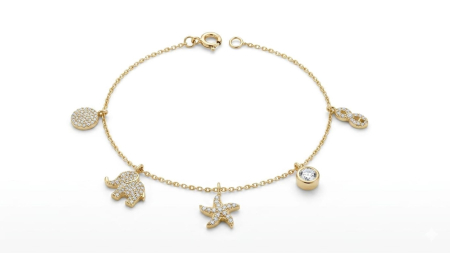 bratari aur 14k - Brățară din Aur Galben 14K tip Talisman cu 5 Pandantive și Pavaj de Zirconiu