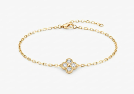 bratari aur 14k - Brățară din Aur Galben 14K – Trifoi cu Patru Foi și Cristale Mari (17 cm + 3 cm, 2.81g)