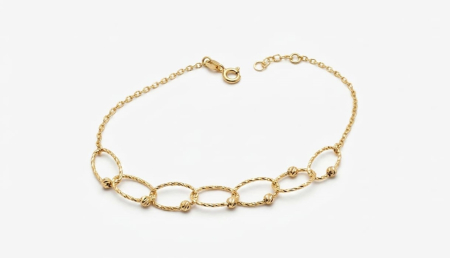 bratari aur 14k - Brățară din Aur Galben 14K – Zale Ovale Răsucite și Bile Fațetate Diamantate