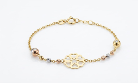bratari aur 14k - Brățară din Aur Tricolor 14K – Element Central Floare din Inimi, Bile Diamantate și Zirconiu