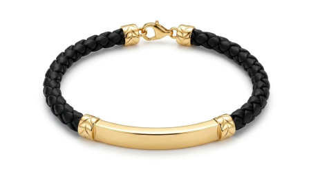 BRATARI BARBATI AUR 14K - Brățară din Piele Împletită cu Plăcuță din Aur 14K – Eleganță Masculină Robustă
