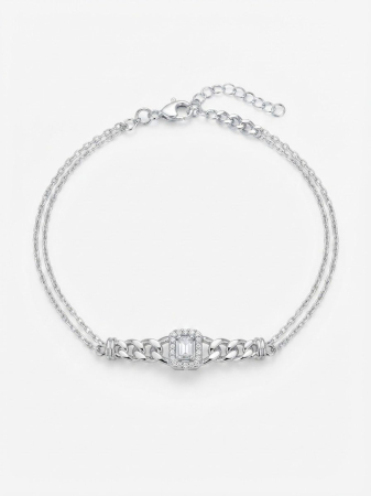 Bratara argint 925 dama - Brățară Dublă din Argint 925 cu Zirconiu Emerald-Cut și Detalii Cuban Link