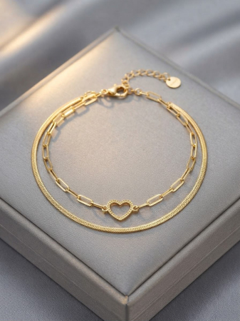 Bratara argint 925 dama - Brățară Dublă din Argint 925 Placat cu Aur Galben, Model Herringbone și Zale cu Inimă (2.6g, 17+3cm)