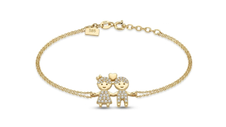 bratari aur 14k - Brățară Dublă din Aur Galben 14K pentru Mame, cu Pandantiv Fetiță și Băiețel cu Zirconiu