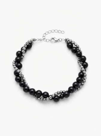 Bratara argint 925 dama - Brățară Dublă Răsucită din Argint 925 cu Sfere din Onix Negru și Mărgele Diamantate, 15+4 cm, 15.20g