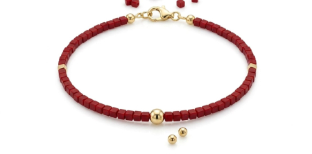 BRATARI SNUR AUR 14K - Brățară Fină cu Cuburi Roșii și Elemente din Aur Galben 14K