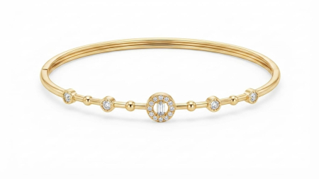 bratari fixe aur 14k - Brățară Fixă Aur 14K cu Medalion Baghetă Halo și Șină Triplă, 2.93g