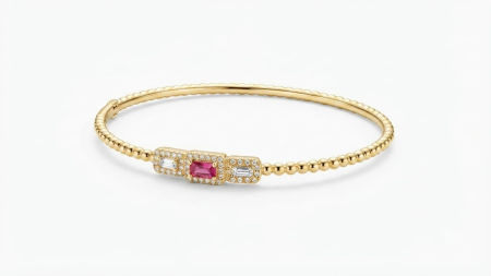 bratari fixe aur 14k - Brățară Fixă Aur 14K cu Piatră Roz și Baghete CZ, 3.54g