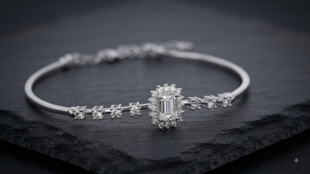 BRATARA CU DIAMANTE - Brățară Fixă (Bangle) din Aur Alb 14K cu Diamant Central Emerald Cut și Halo 0.10 CT