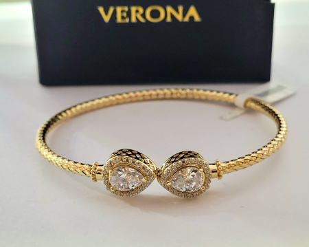 bratari fixe aur 14k - Brățară Fixă (Bangle) din Aur Galben 14K cu Două Cristale Lacrimă – Rafinament și Strălucire