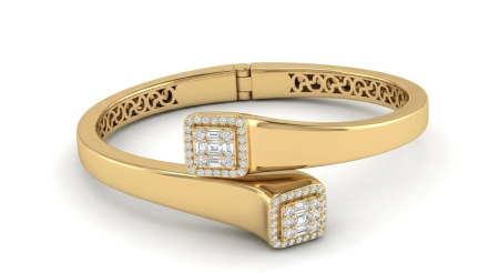 bratari fixe aur 14k - Brățară Fixă Bypass din Aur Galben 14K cu Două Elemente Pătrate și Diamante
