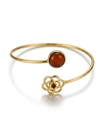 Bratara argint 925 dama - Brățară Fixă din Argint 925 Placată cu Aur, Decorată cu Floare Stilizată și Chihlimbar Natural Cognac
