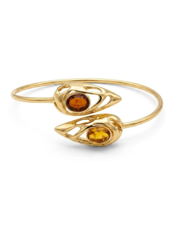 Bratara argint 925 dama - Brățară Fixă din Argint 925 Placată cu Aur, Model Sculptural „Duo Amber” Cognac și Miere, 7.7g