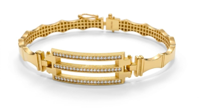 bratari fixe aur 14k - Brățară Fixă din Aur Galben 14K Model „Kaburga” cu Trei Bare și Pavaj de Cristale