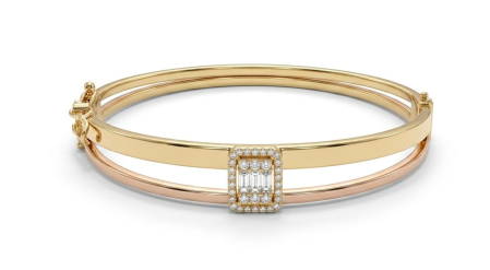 bratari fixe aur 14k - Brățară Fixă Dublă Bicoloră din Aur 14K cu Medalion Rectangular și Cristale Baghetă