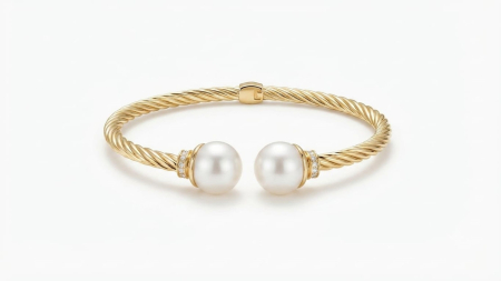bratari fixe aur 14k - Brățară Fixă Torsadată Aur 14K cu Perle și Pietre, 8.72g