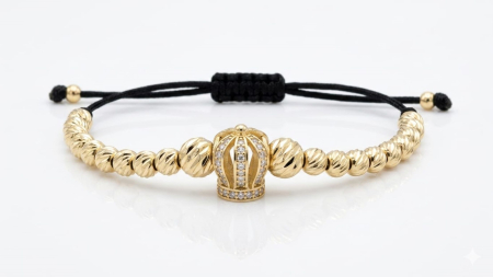 Bijuterii barbati - Brățară Luxury cu Șnur Negru, Coroană Imperială și Biluțe din Aur Galben 14K