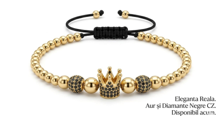 Bijuterii barbati - Brățară Luxury cu Șnur Negru, Coroană și Sfere Pavate cu Zirconii Negre din Aur 14K
