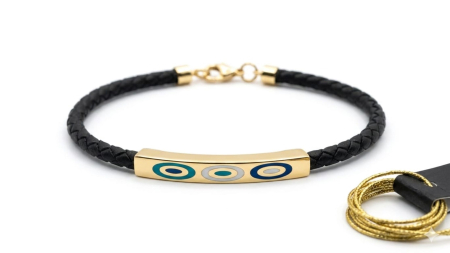 Bijuterii barbati - Brățară Luxury din Piele Împletită cu Plăcuță din Aur 14K și Ochi Protector din Email