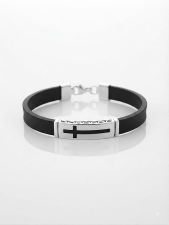 bijuterii barbati - Brățară Masculină din Silicon Negru și Argint 925 cu Plăcuță și Cruce Decupată, 21 cm, 8g