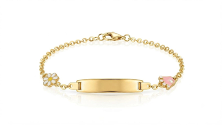 Bijuterii copii - Brățară Personalizabilă din Aur Galben 14K pentru Copii – Plăcuță, Margaretă și Coroană Roz