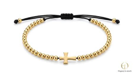 BRATARI BARBATI AUR 14K - Brățară Reglabilă cu Bile și Cruce Orizontală din Aur 14K – Minimalistă și Elegantă