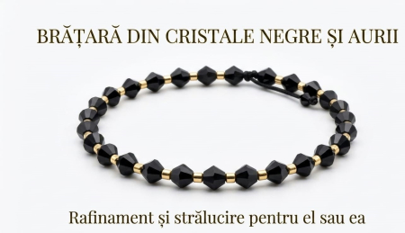 Bijuterii barbati - Brățară Reglabilă cu Cristale Negre și Biluțe din Aur Galben 14K