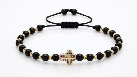 Bijuterii barbati - Brățară Reglabilă cu Onix, Aur Galben 14K și Cruce cu Zirconii Multicolore