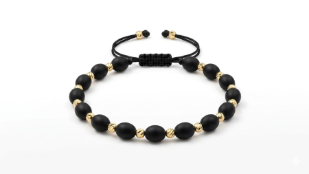 Bijuterii barbati - Brățară Reglabilă cu Onix Negru Mat (Butoiaș) și Biluțe din Aur Galben 14K