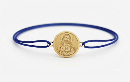 bijuterii aur - Brățară Reglabilă cu Șnur Albastru și Medalion Banu Inima Sacră a lui Iisus din Aur Galben 14K, 5 mm